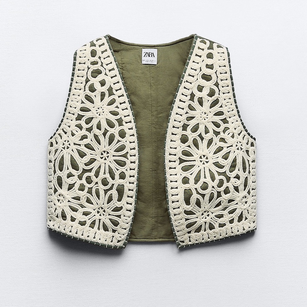 ZARA Olive Green Vest with Cream Crochet Front